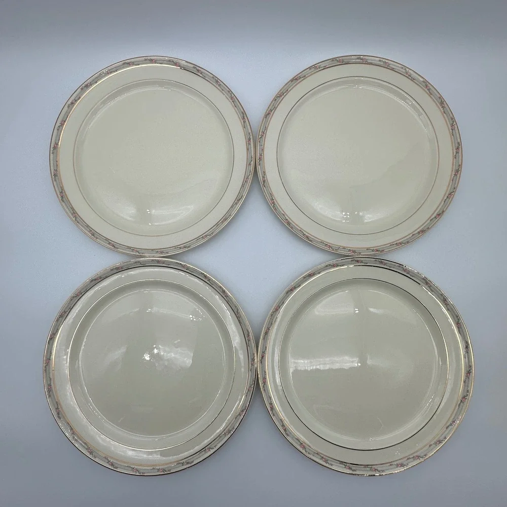 Taylor Smith Taylor Dinner Plates Set of 4 Pink Rose Gold Trim Ivory Vintage